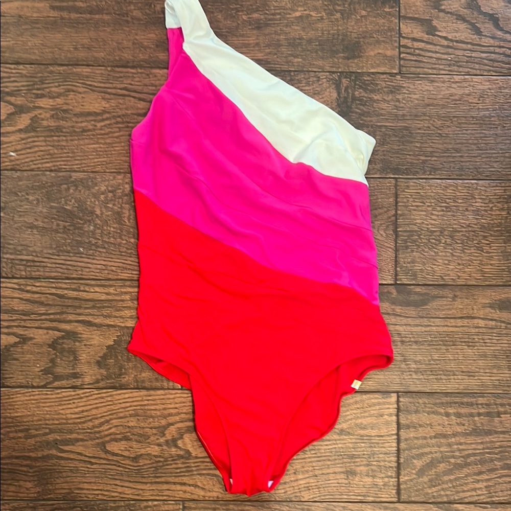 Summersalt Sidestroke Swimsuit in lava, hibiscus and white sand
